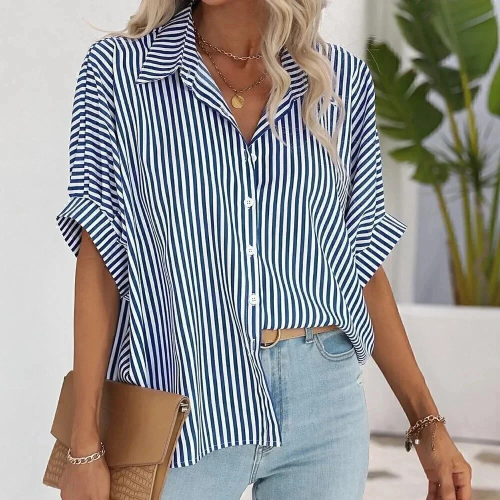 Blue & White Casual Womens Striped Print Batwing Sleeve Shirt - Picture 4 of 5
